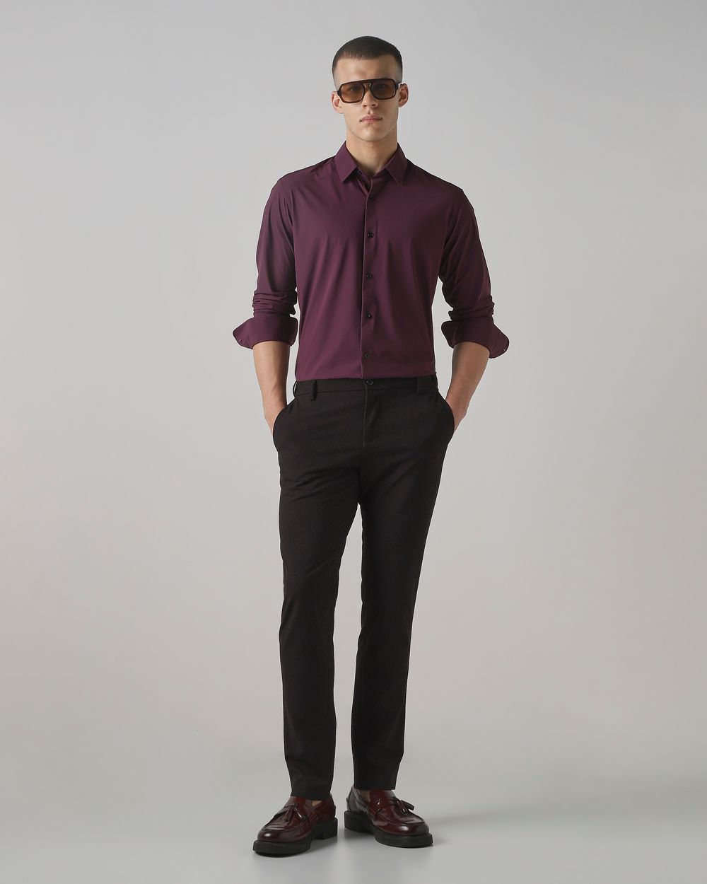 Maroon Stretch Plain Slim Fit Casual Shirt