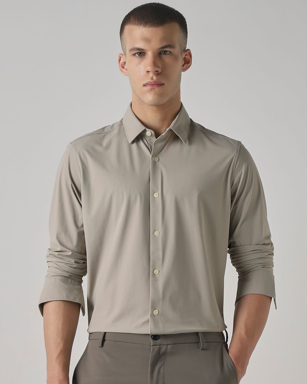 Stone Stretch Plain Slim Fit Casual Shirt