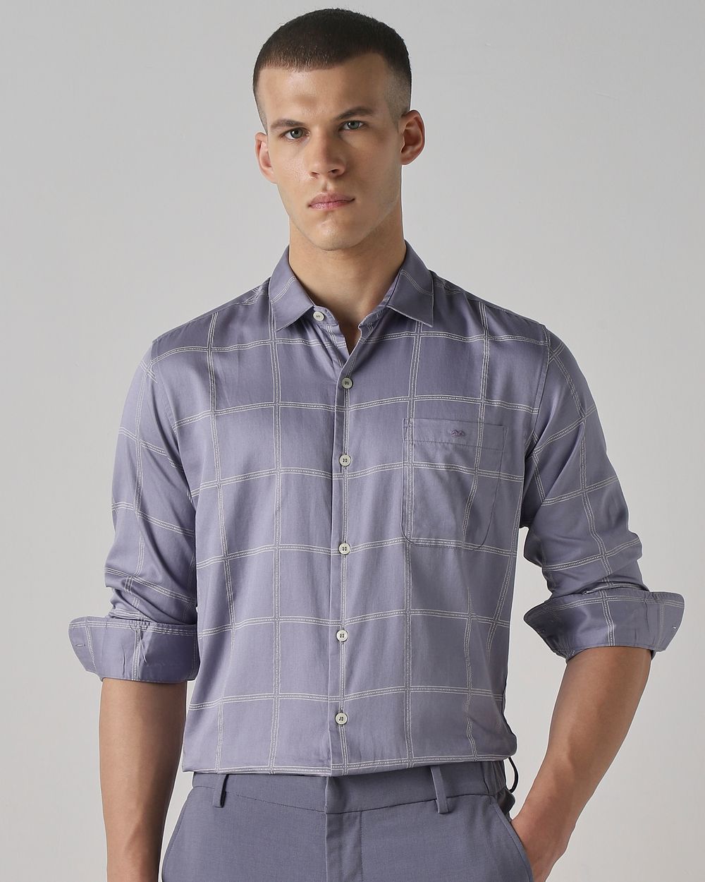 Lilac Printed Check Slim Fit Casual Shirt