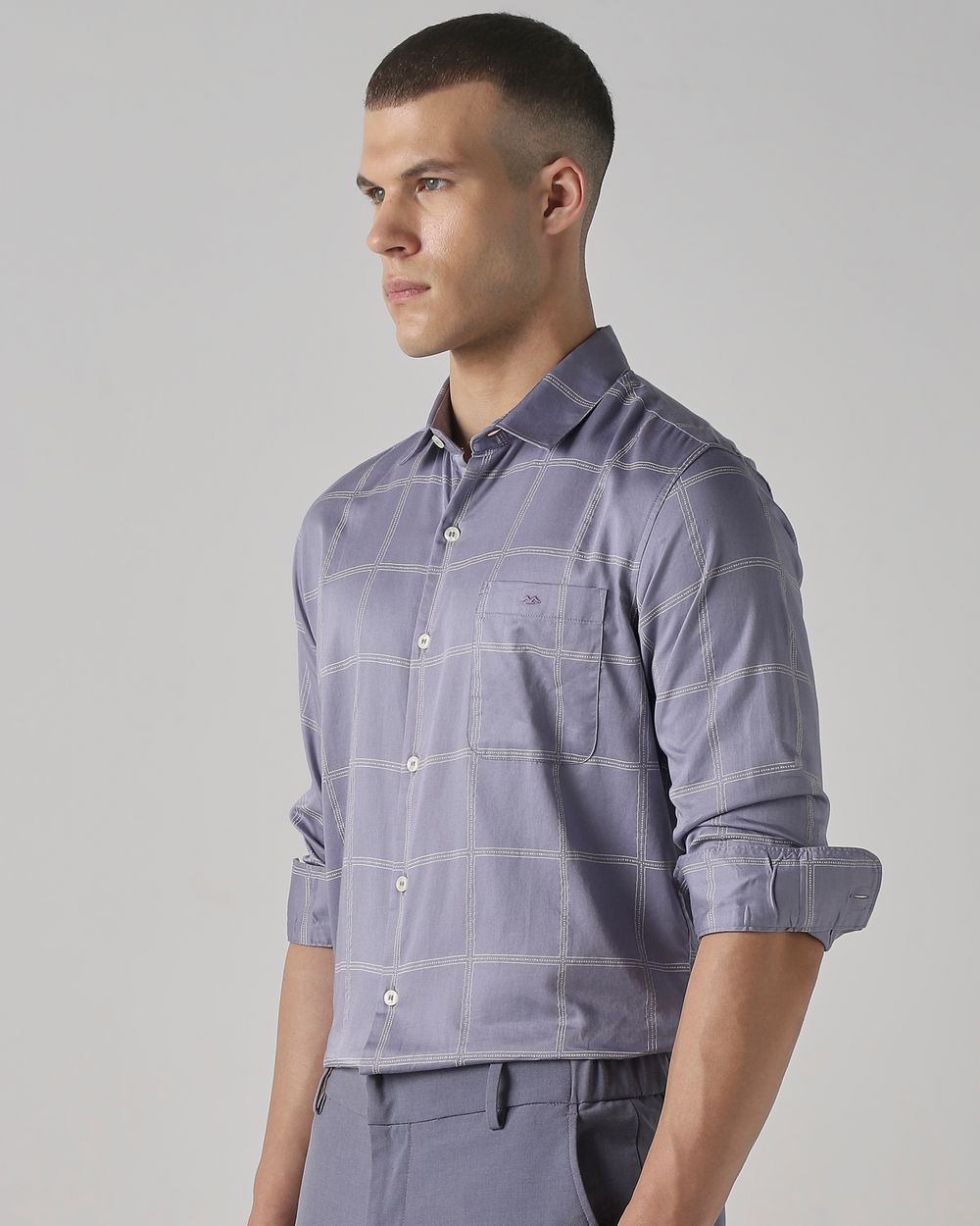 Lilac Printed Check Slim Fit Casual Shirt