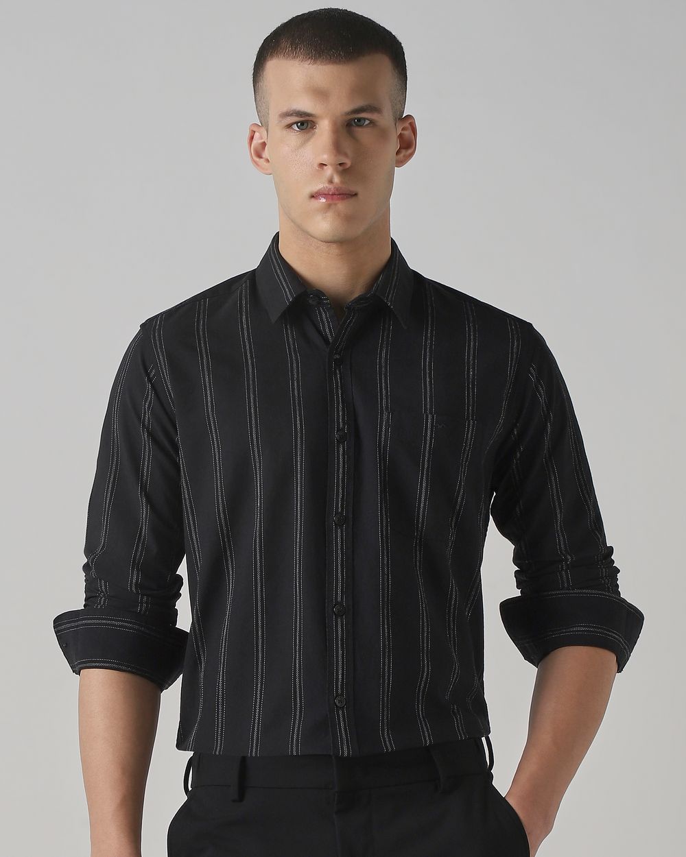 Black Textured Stripe Slim Fit Casual Shirt