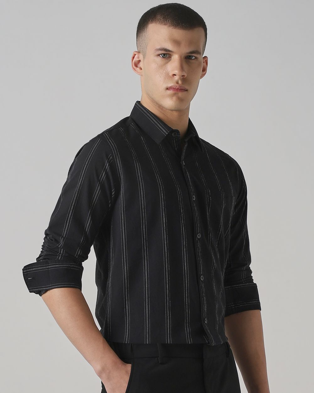 Black Textured Stripe Slim Fit Casual Shirt
