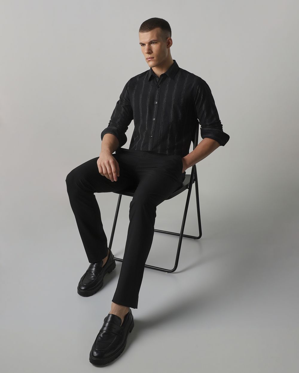 Black Textured Stripe Slim Fit Casual Shirt