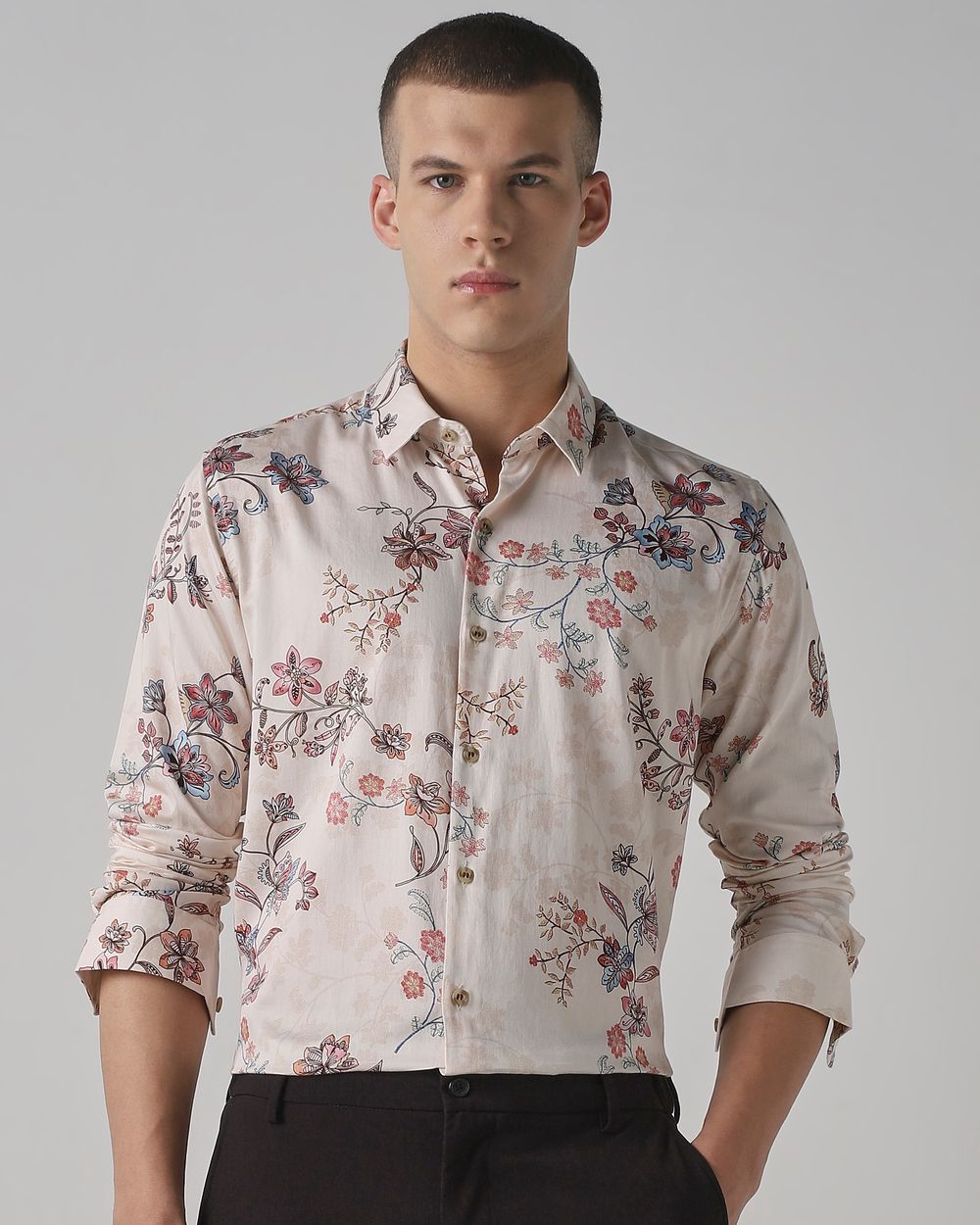Beige Floral Print Slim Fit Casual Shirt