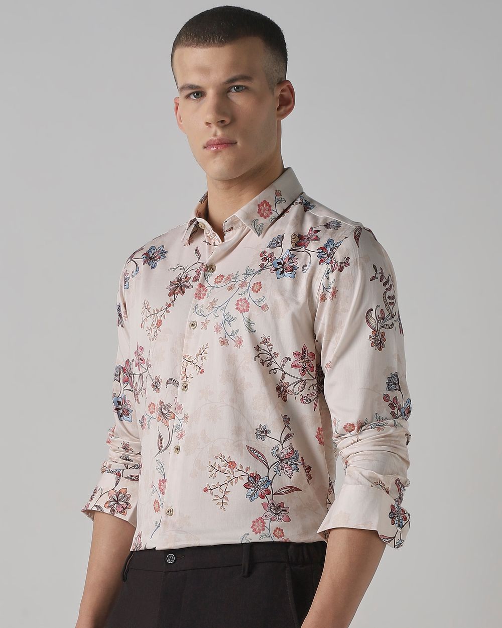 Beige Floral Print Slim Fit Casual Shirt