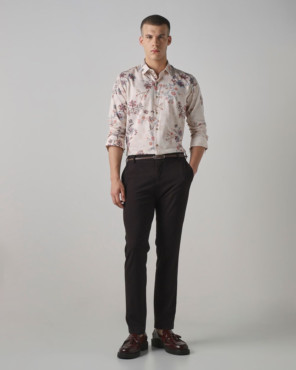 Beige Floral Print Slim Fit Casual Shirt