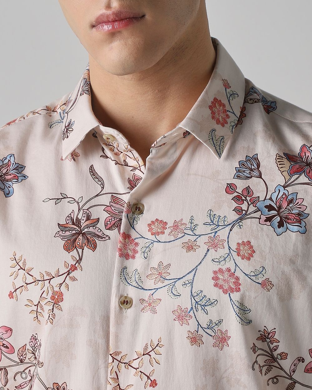 Beige Floral Print Slim Fit Casual Shirt