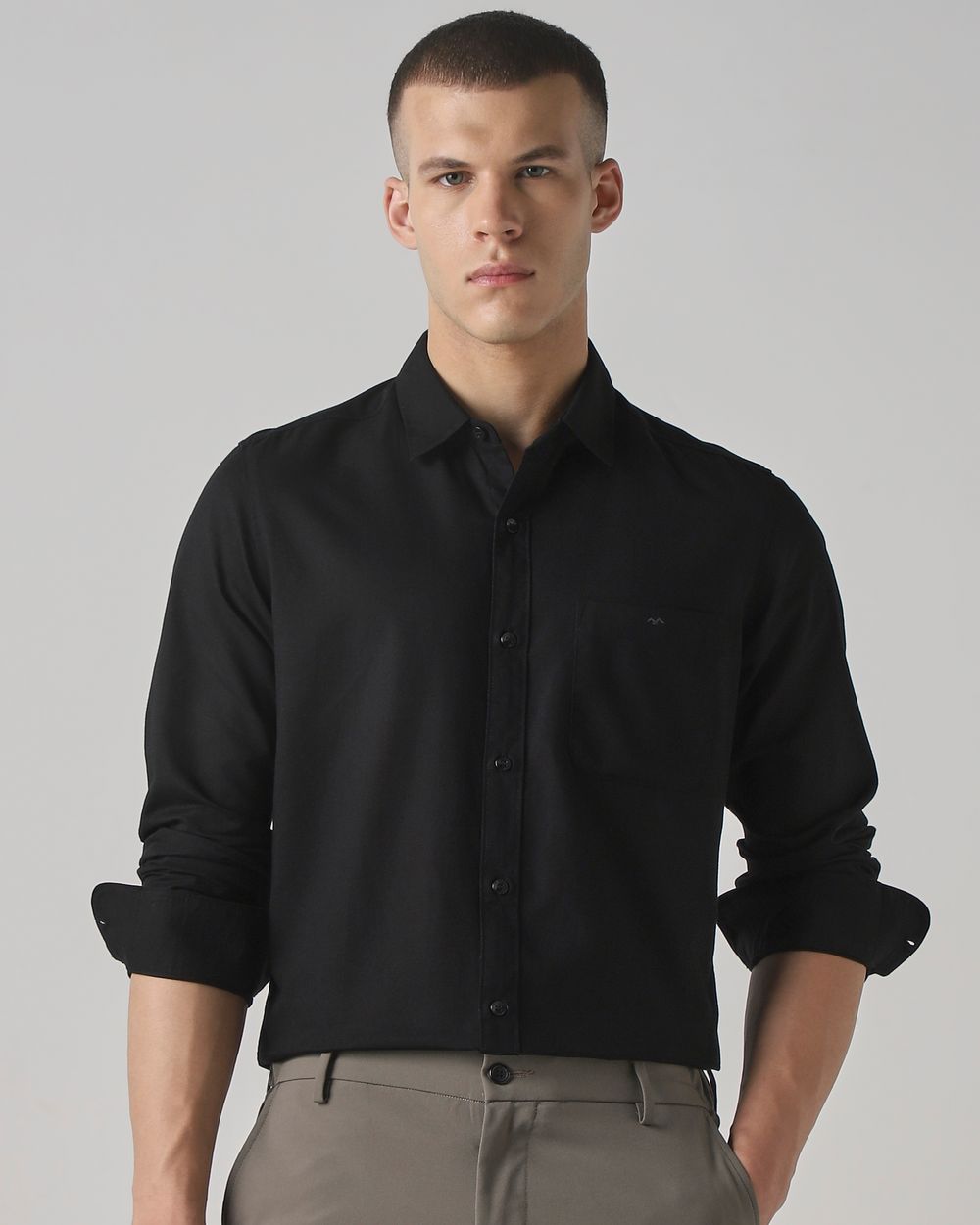 Black Cotton Linen Plain Slim Fit Casual Shirt