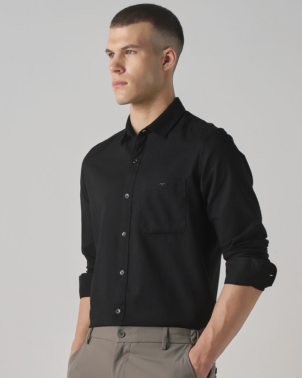 Black Cotton Linen Plain Slim Fit Casual Shirt