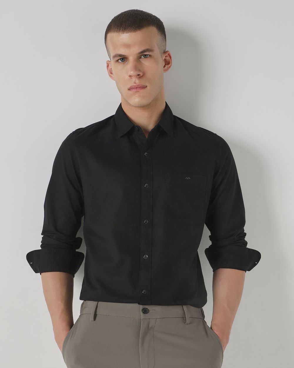 Black Cotton Linen Plain Slim Fit Casual Shirt