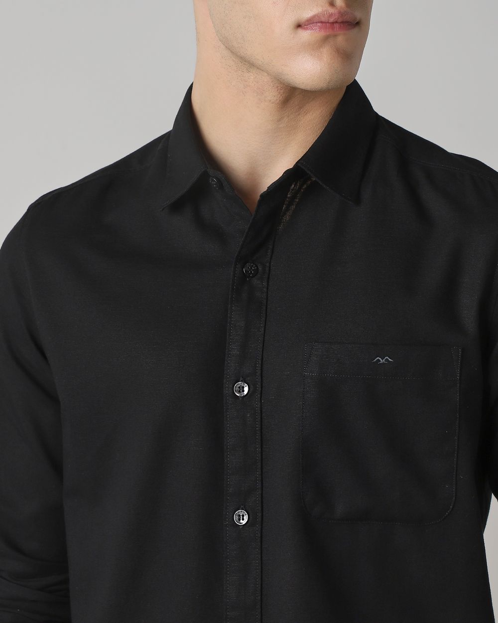Black Cotton Linen Plain Slim Fit Casual Shirt