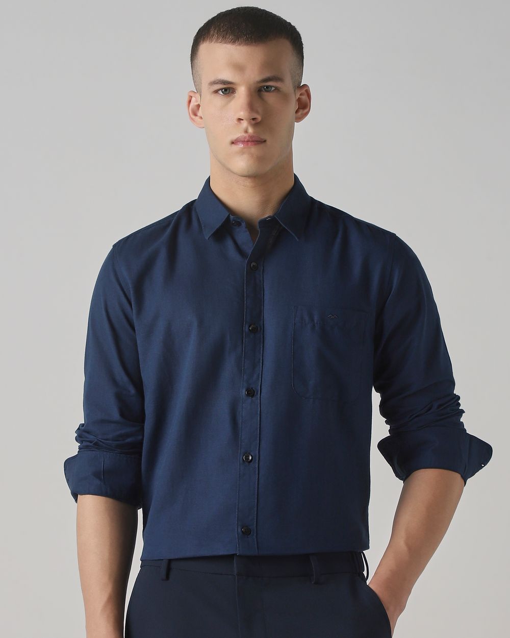 Navy Cotton Linen Plain Slim Fit Casual Shirt