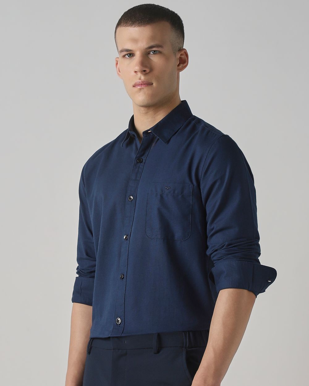 Navy Cotton Linen Plain Slim Fit Casual Shirt