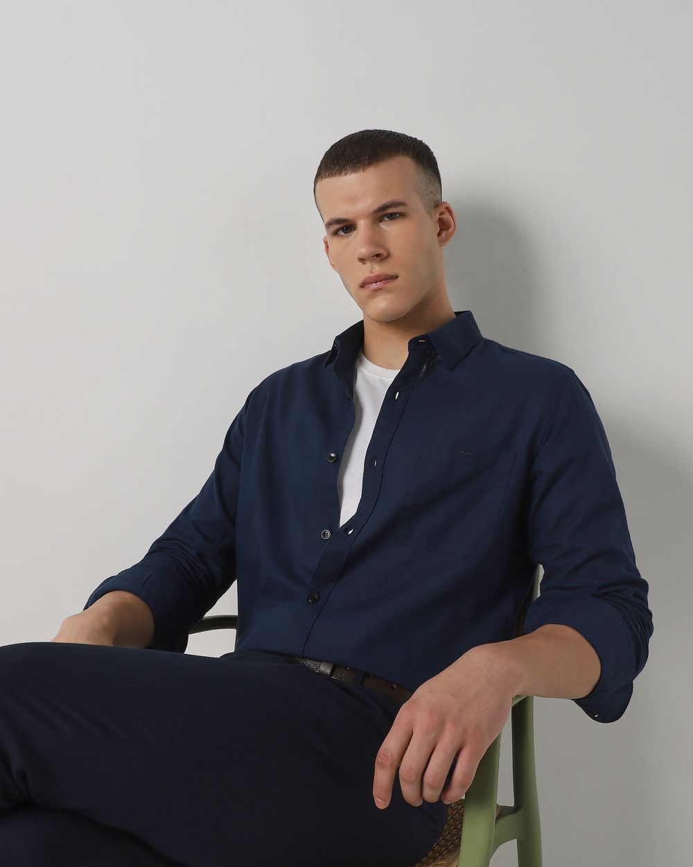Navy Cotton Linen Plain Slim Fit Casual Shirt