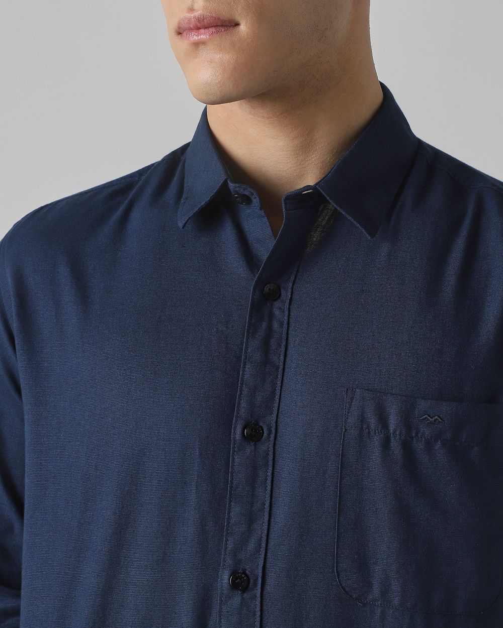 Navy Cotton Linen Plain Slim Fit Casual Shirt