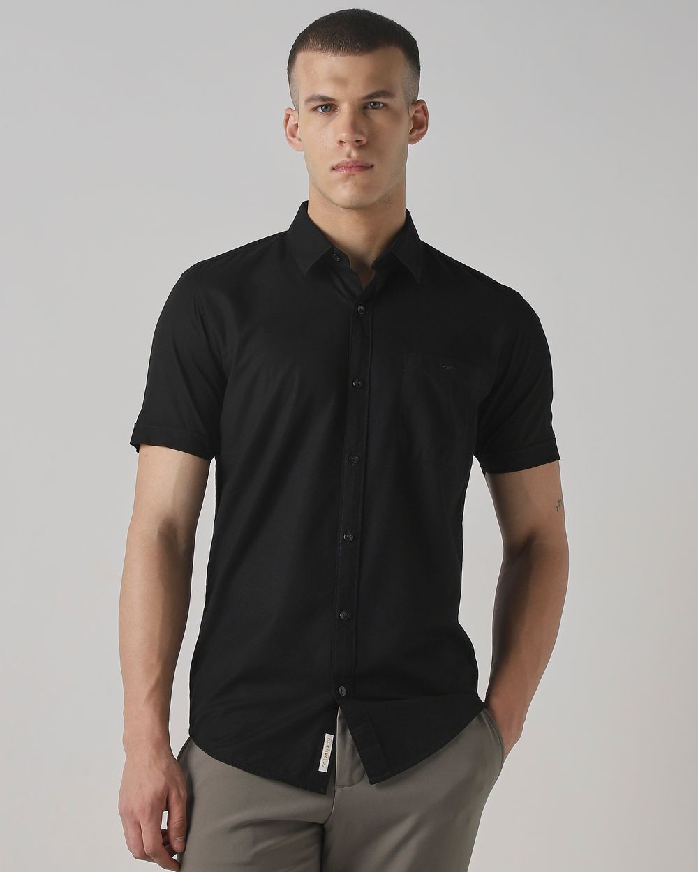 Black Cotton Linen Plain Slim Fit Casual Shirt