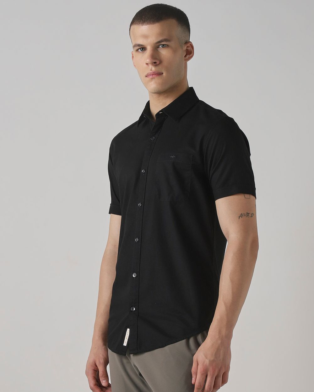 Black Cotton Linen Plain Slim Fit Casual Shirt