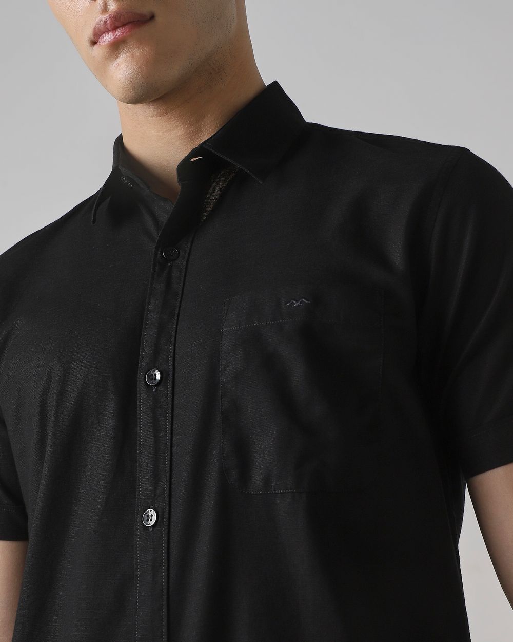 Black Cotton Linen Plain Slim Fit Casual Shirt