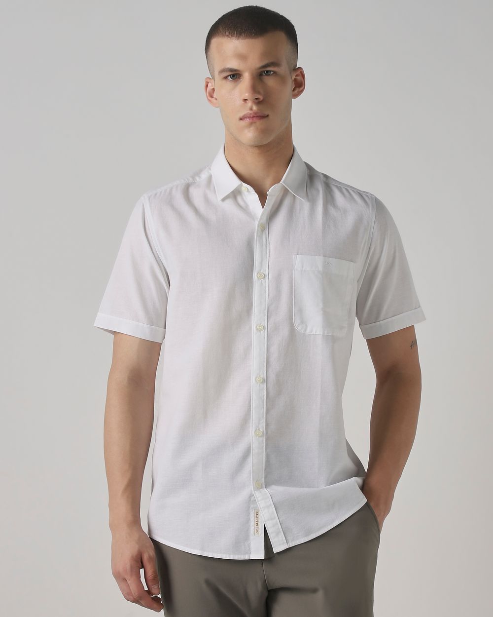 White Cotton Linen Plain Slim Fit Casual Shirt