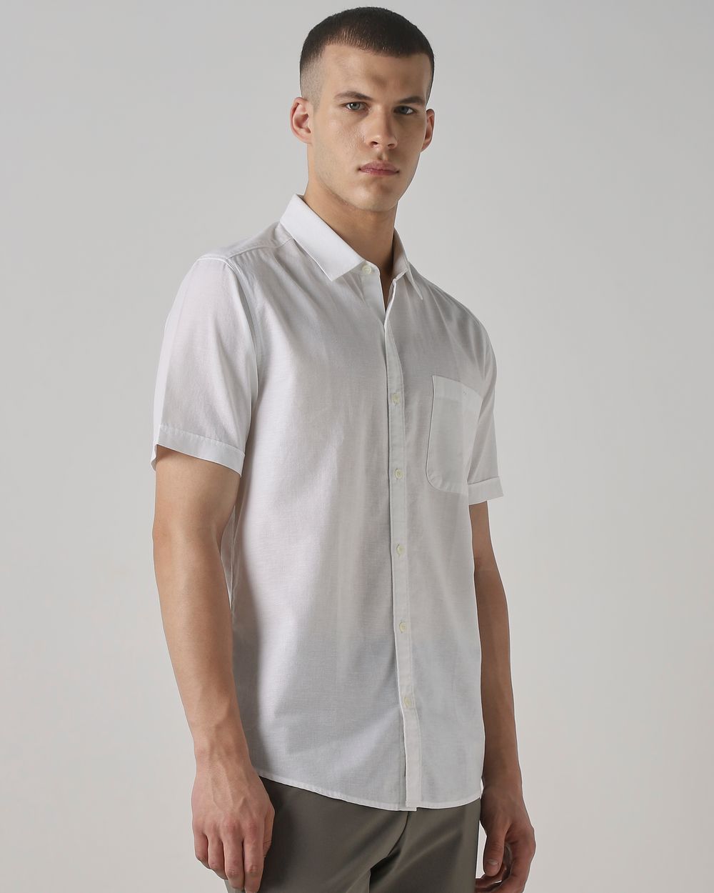 White Cotton Linen Plain Slim Fit Casual Shirt
