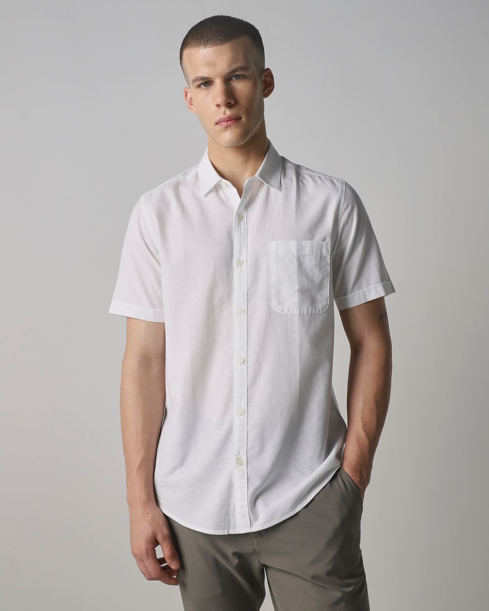 White Cotton Linen Plain Slim Fit Casual Shirt