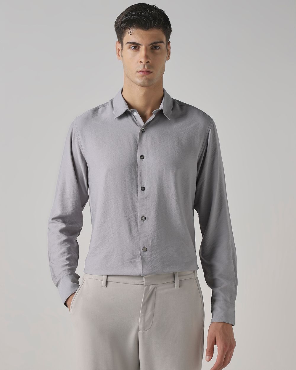 Grey Textured Plain Slim Fit Casual Shirt