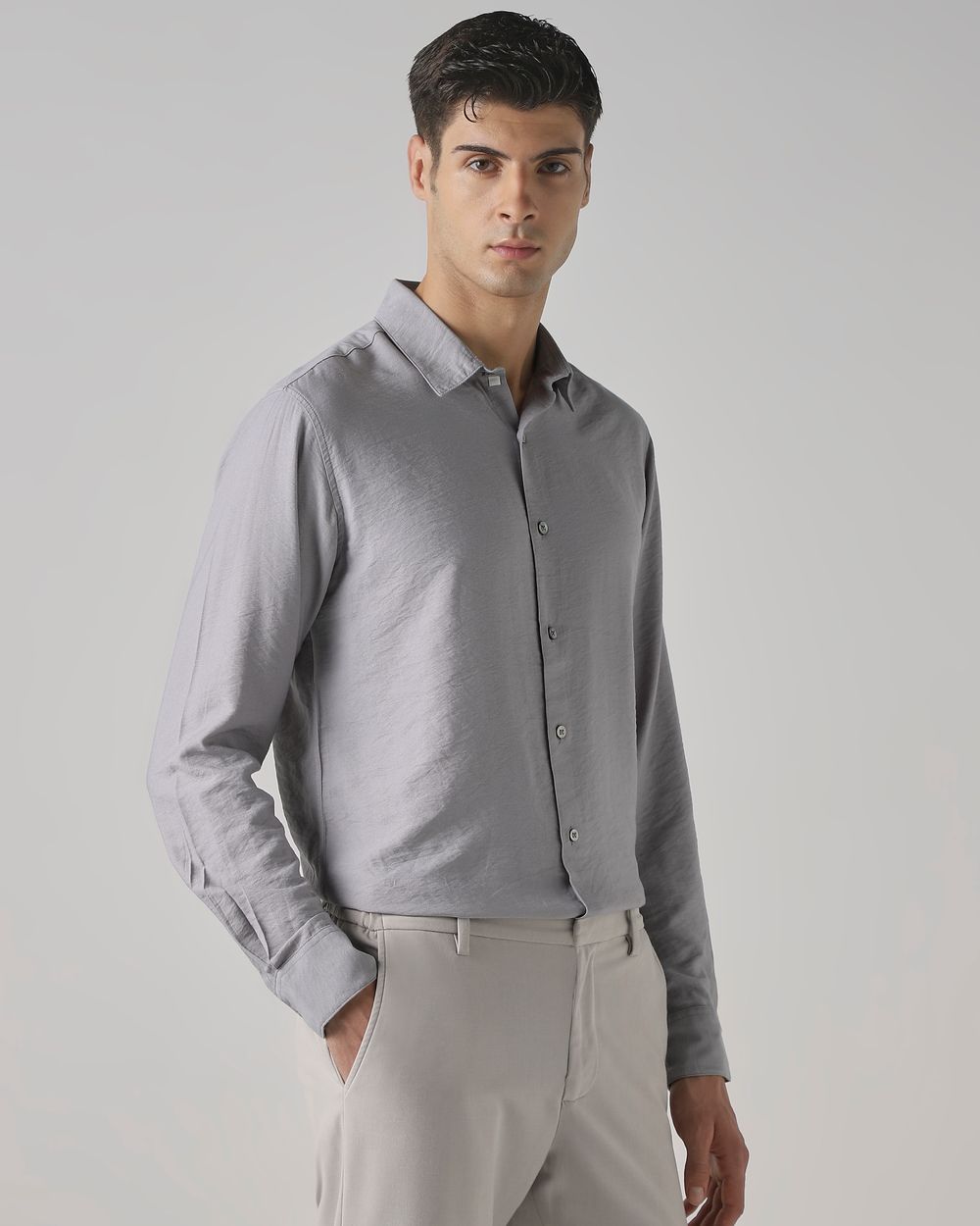 Grey Textured Plain Slim Fit Casual Shirt