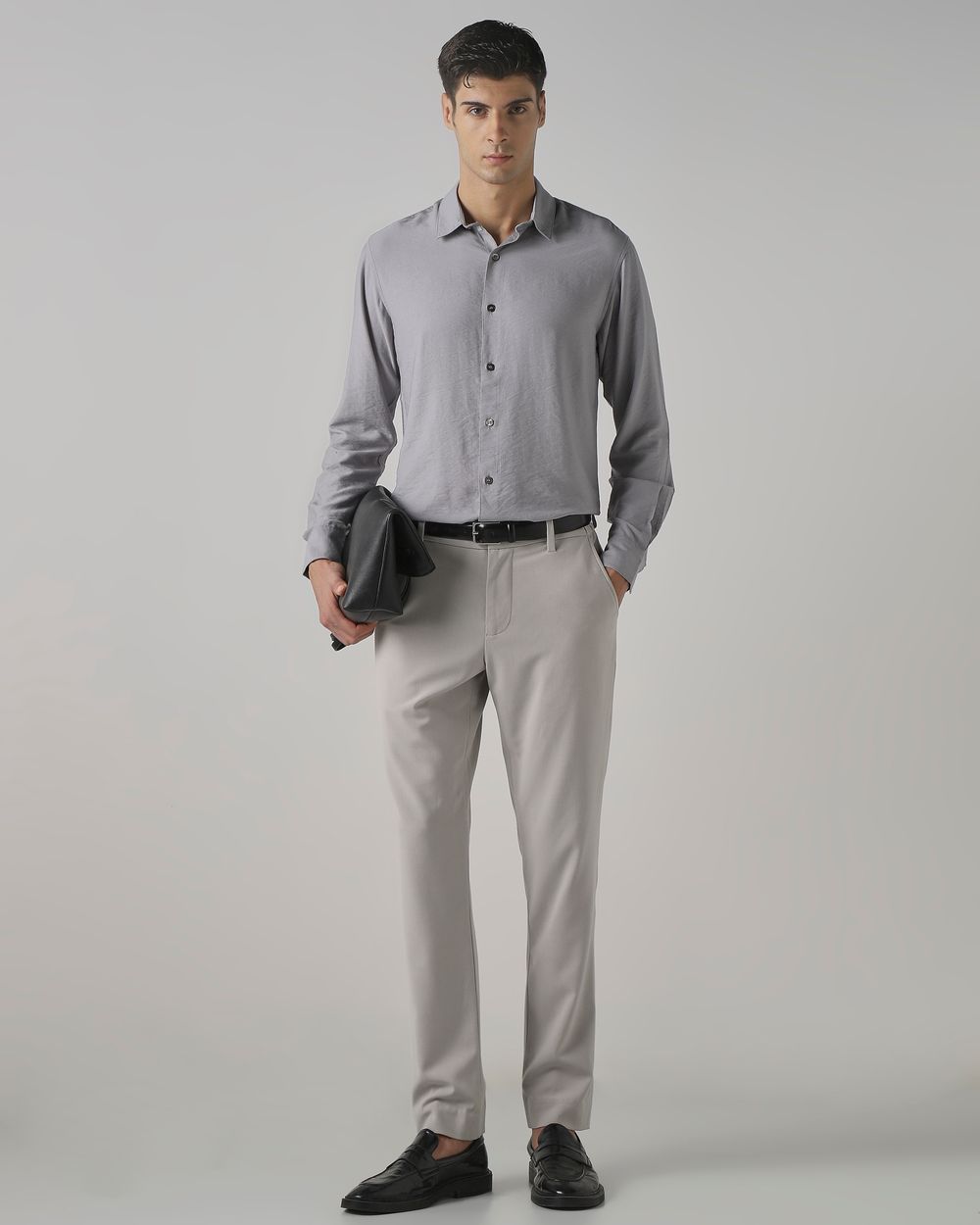 Grey Textured Plain Slim Fit Casual Shirt