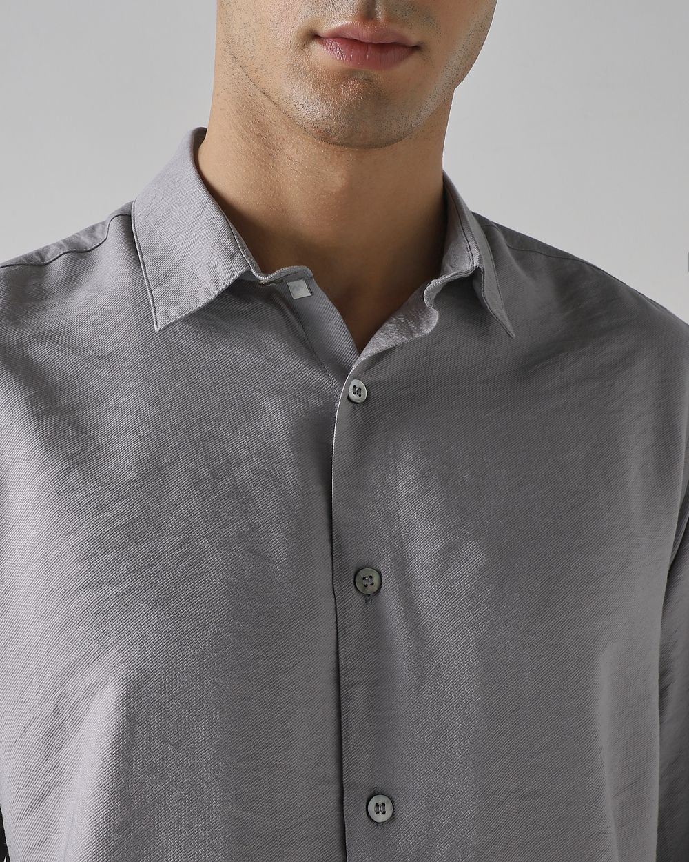 Grey Textured Plain Slim Fit Casual Shirt