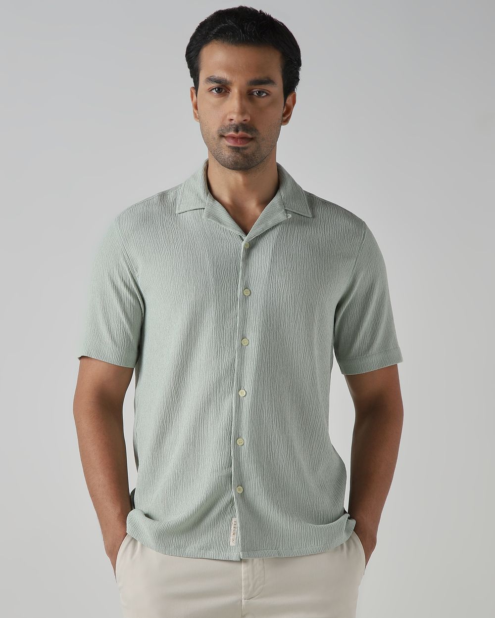 Light Green Textured Plain Relaxed Fit Casual Shirt