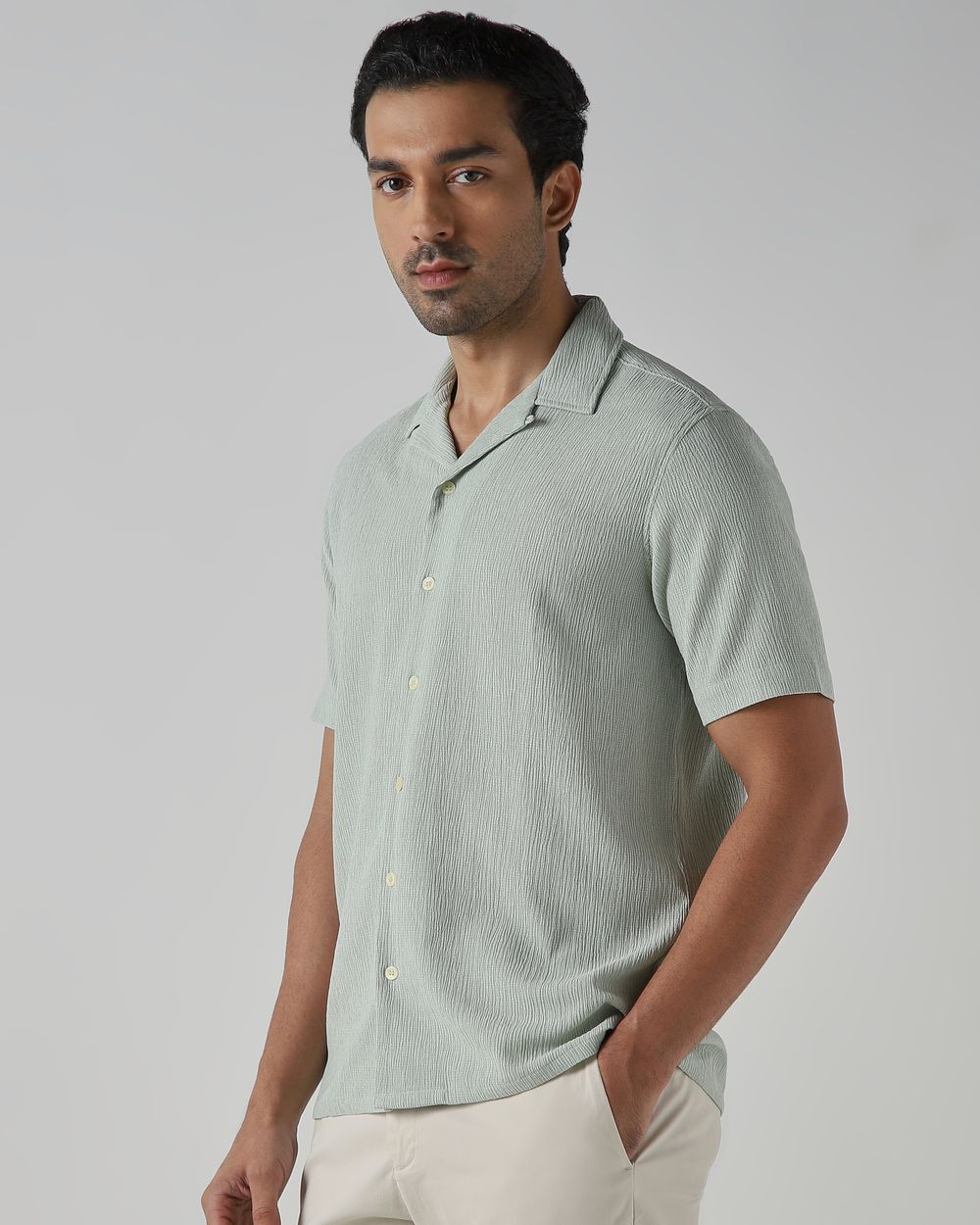 Light Green Textured Plain Relaxed Fit Casual Shirt