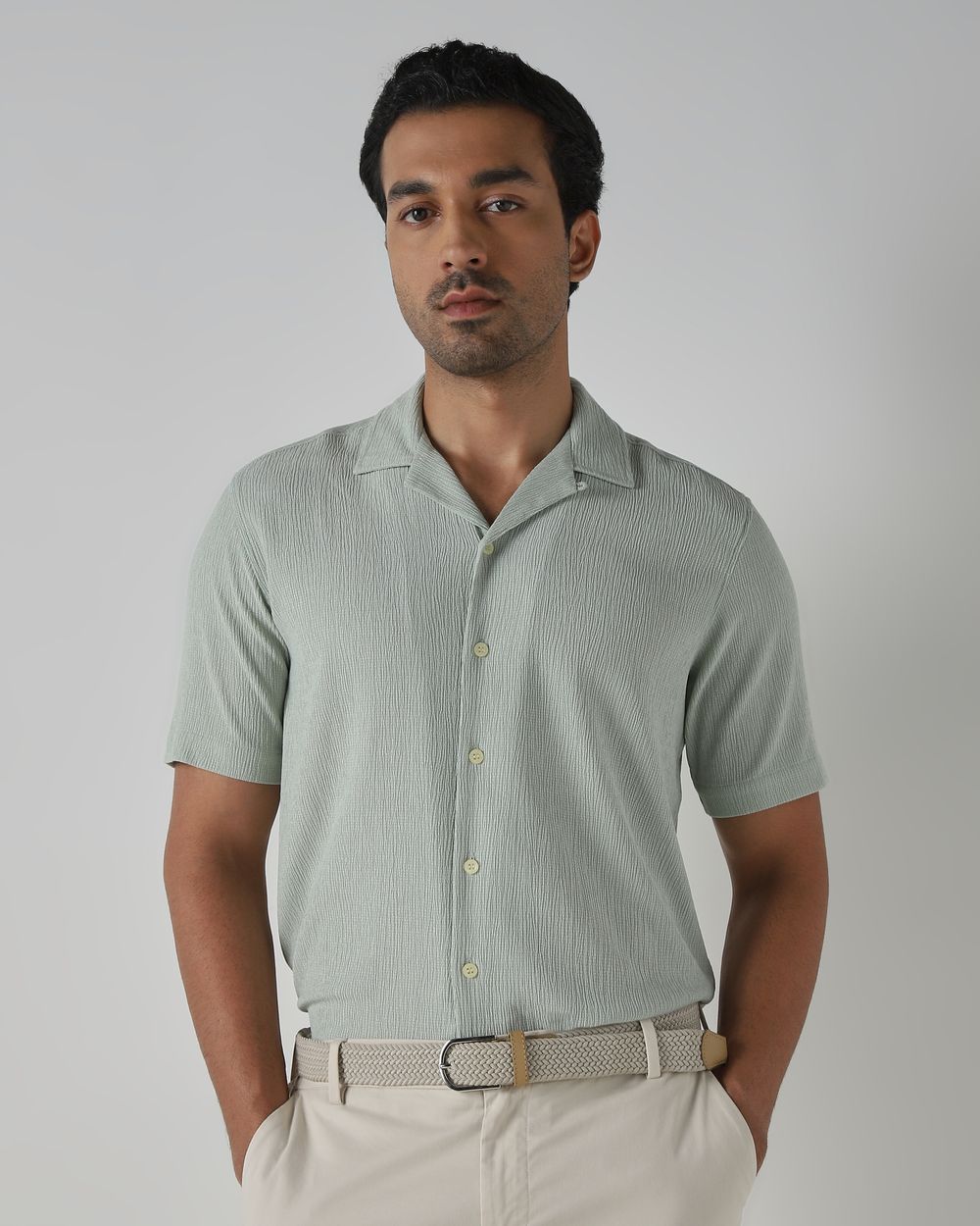 Light Green Textured Plain Relaxed Fit Casual Shirt