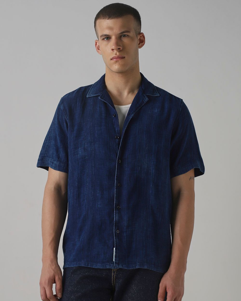 Dark Indigo Blue Denim Plain Relaxed Fit Casual Shirt