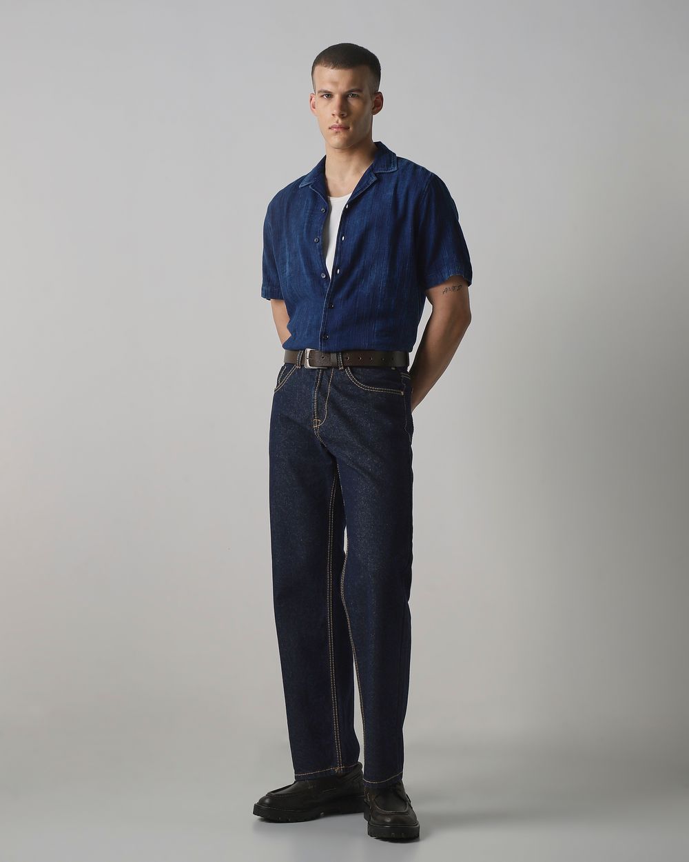 Dark Indigo Blue Denim Plain Relaxed Fit Casual Shirt