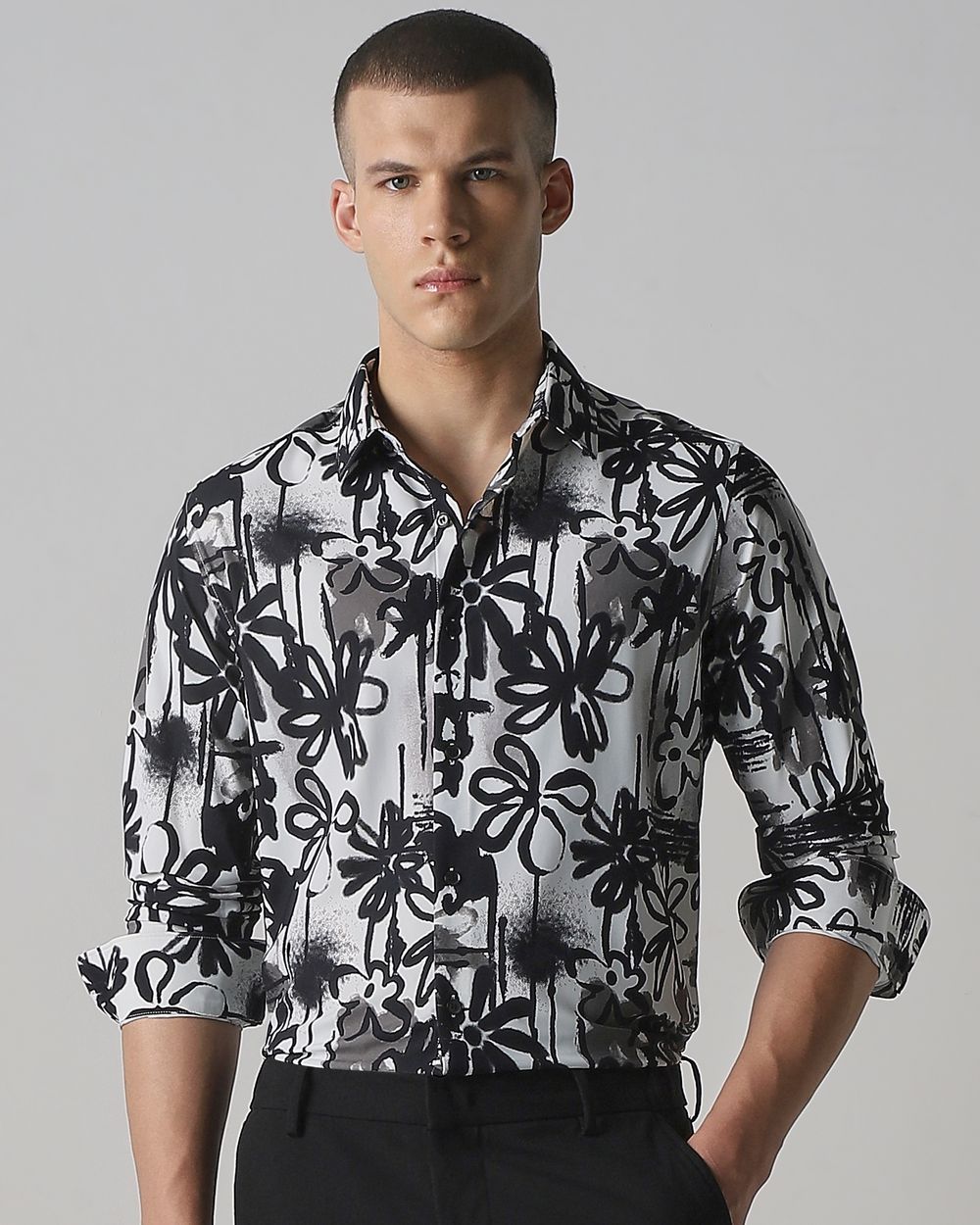 Black Scuba Print Stretch Slim Fit Casual Shirt