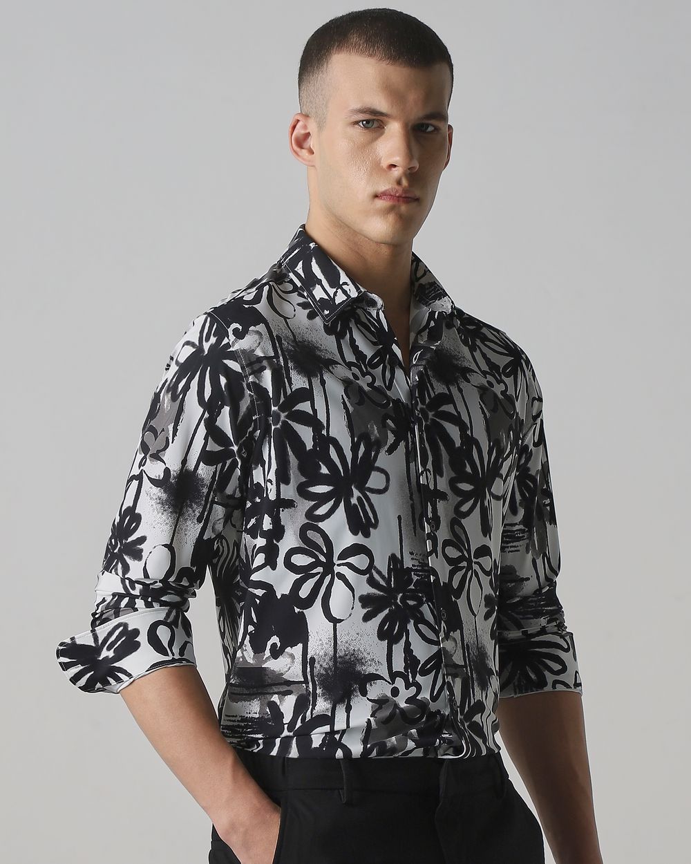 Black Scuba Print Stretch Slim Fit Casual Shirt