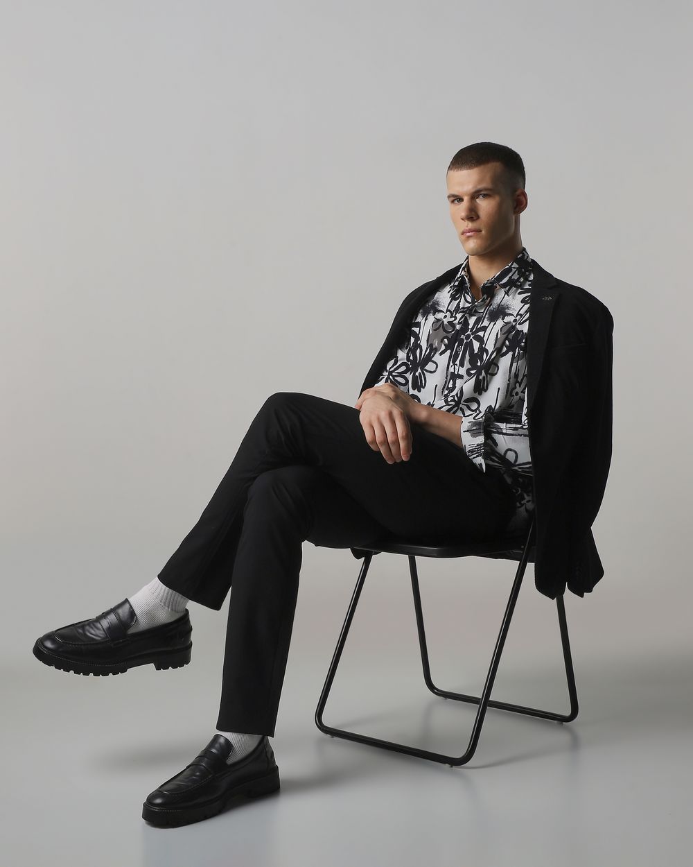Black Scuba Print Stretch Slim Fit Casual Shirt