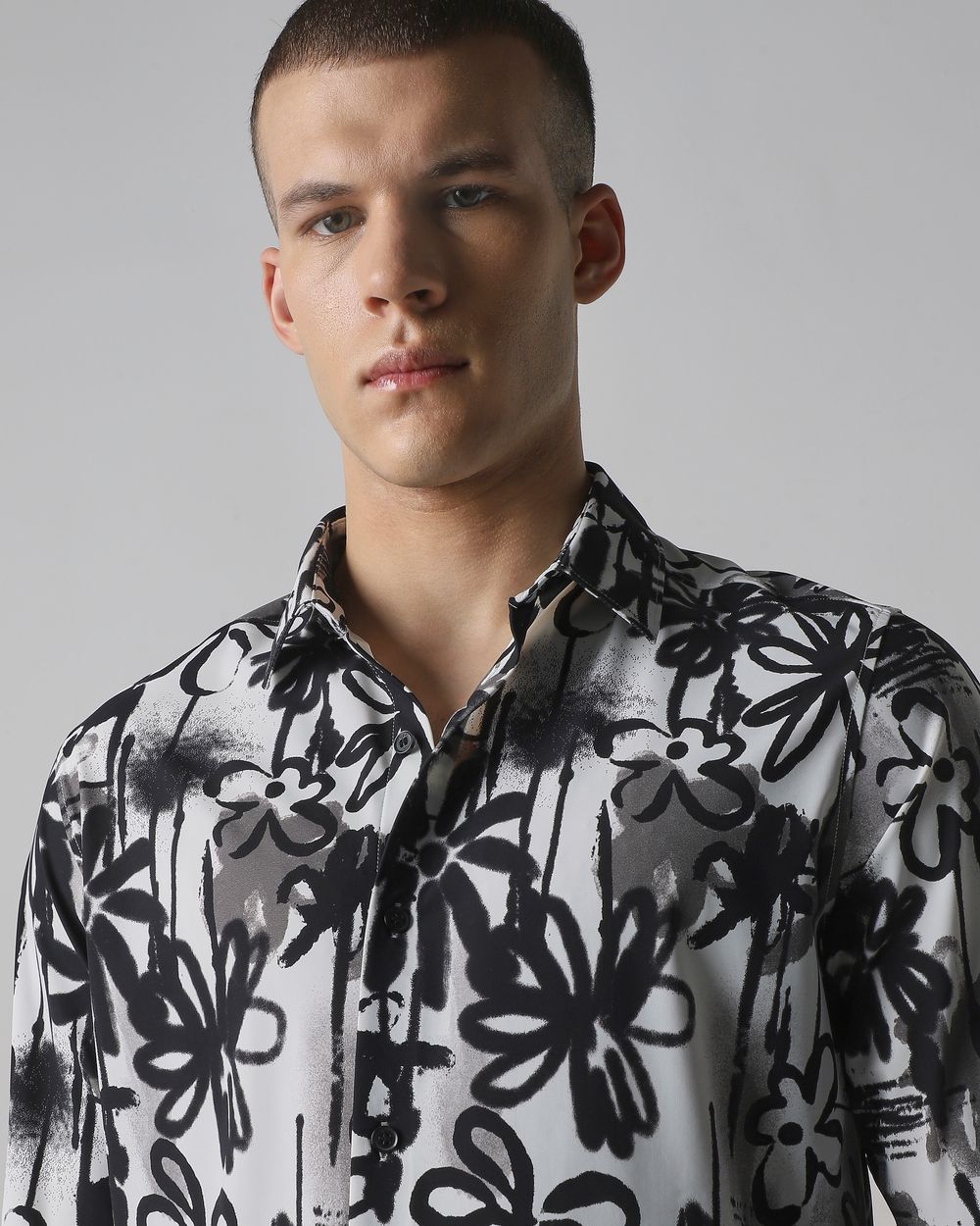 Black Scuba Print Stretch Slim Fit Casual Shirt