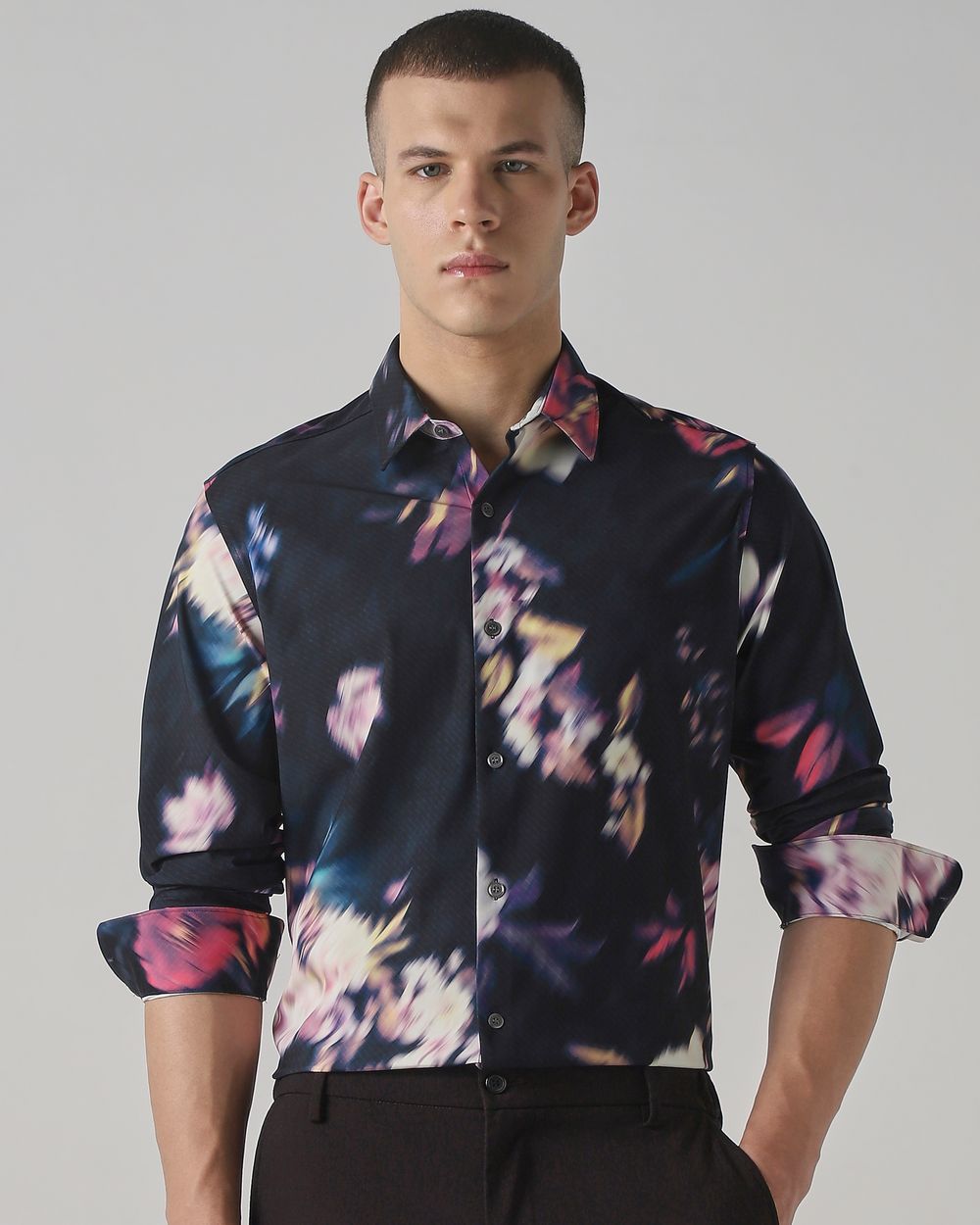 Black Scuba Print Stretch Slim Fit Casual Shirt