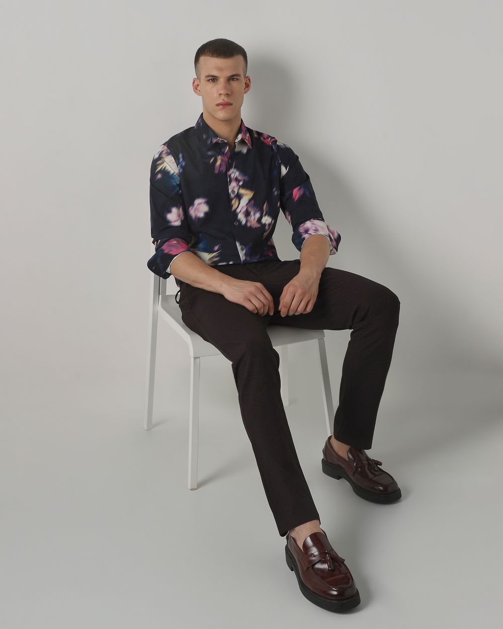 Black Scuba Print Stretch Slim Fit Casual Shirt