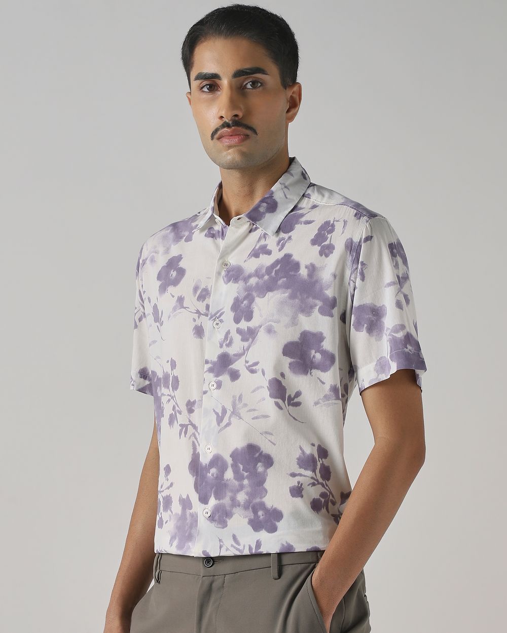Lilac Floral Print Slim Fit Casual Shirt