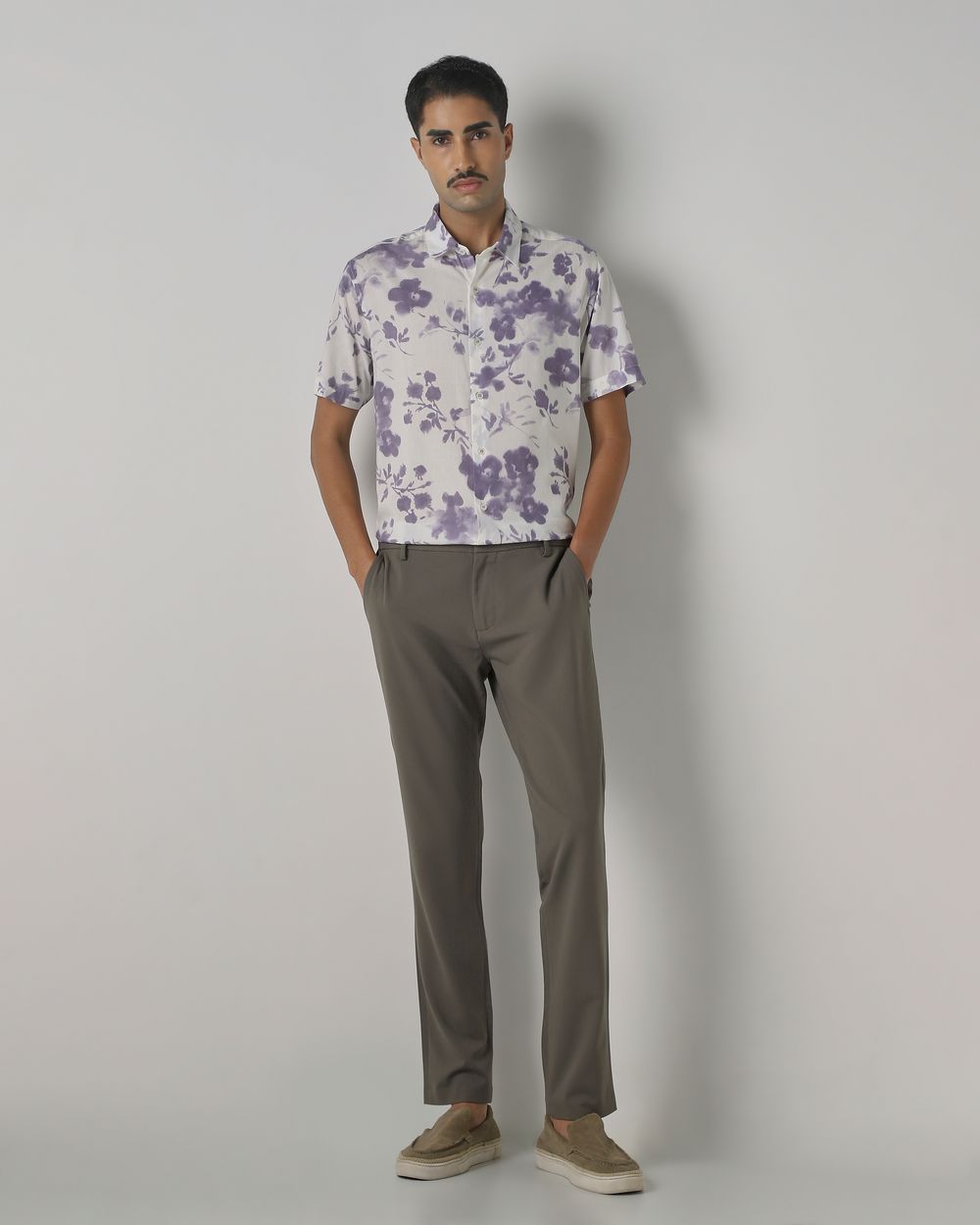 Lilac Floral Print Slim Fit Casual Shirt