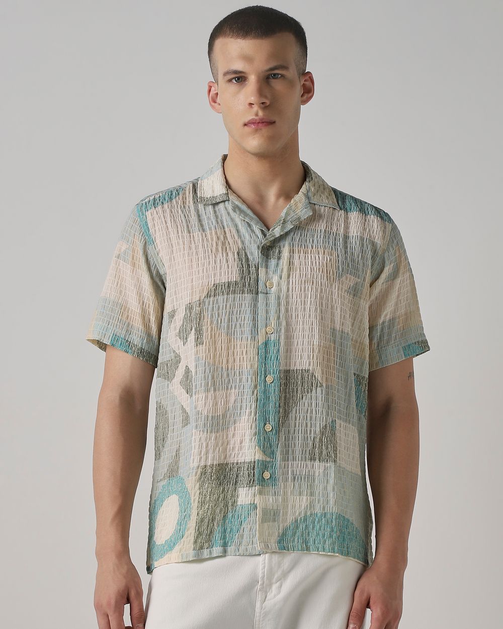 Sage Textured Print Relaxed Fit Casual Shirt