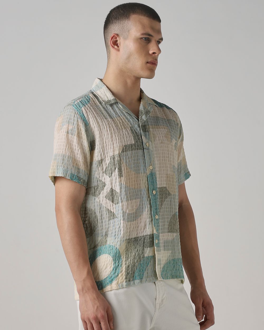 Sage Textured Print Relaxed Fit Casual Shirt