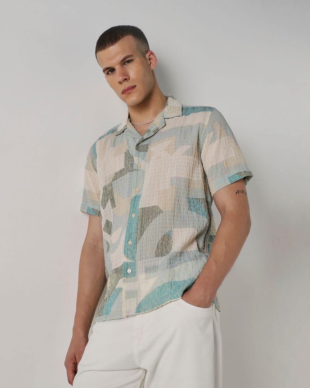 Sage Textured Print Relaxed Fit Casual Shirt