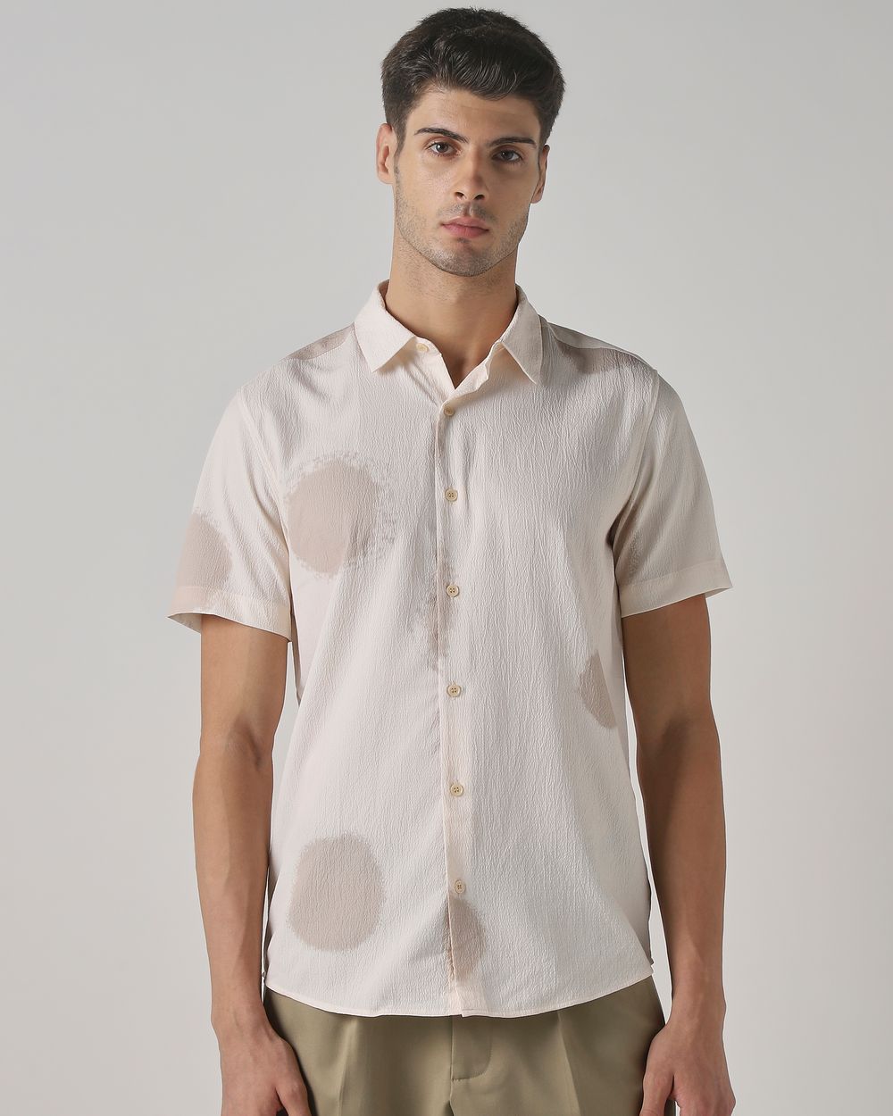 Beige Abstract Print Stretch Slim Fit Casual Shirt