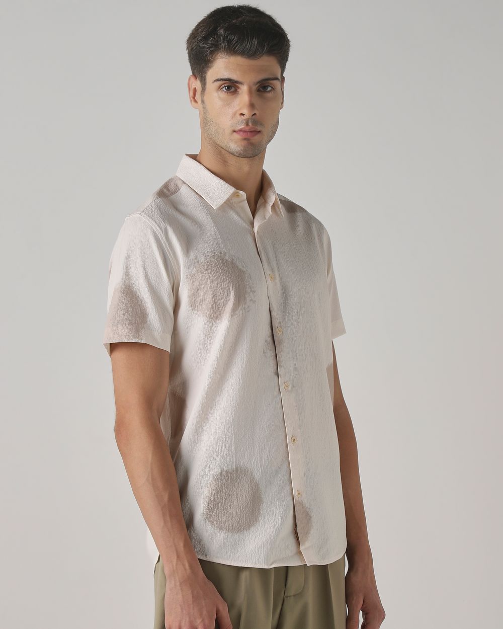 Beige Abstract Print Stretch Slim Fit Casual Shirt