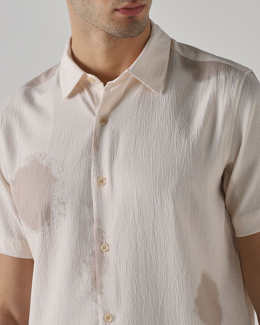 Beige Abstract Print Stretch Slim Fit Casual Shirt