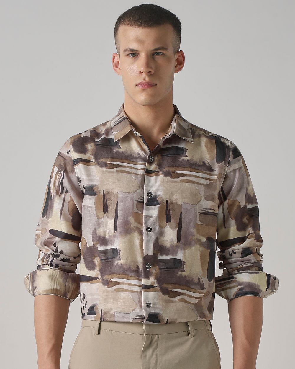 Light Olive Digital Print Slim Fit Casual Shirt