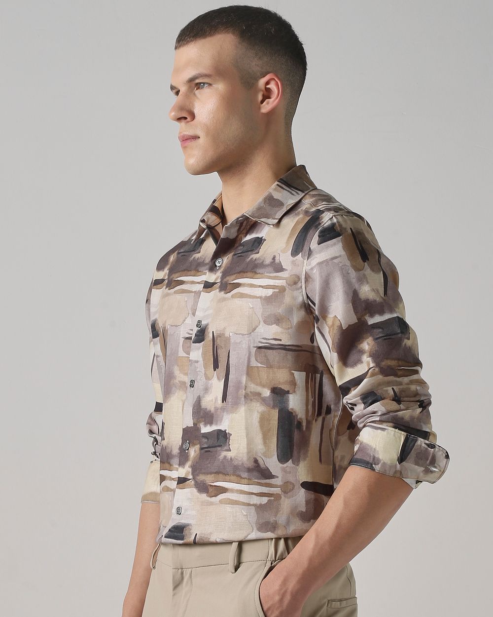 Light Olive Digital Print Slim Fit Casual Shirt